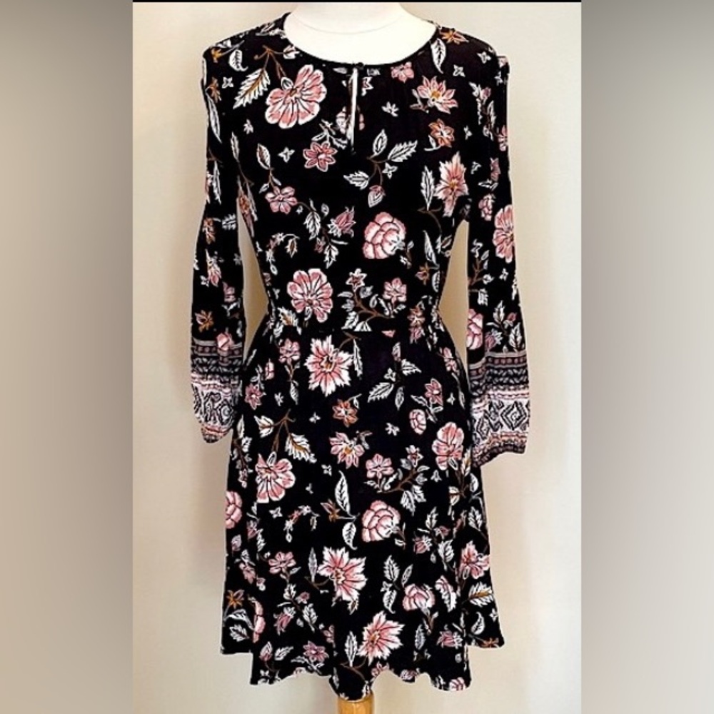 2/$30 Old Navy Women Black Pink Floral Long Sleeve Chic Boho Casual MIDI Dress M